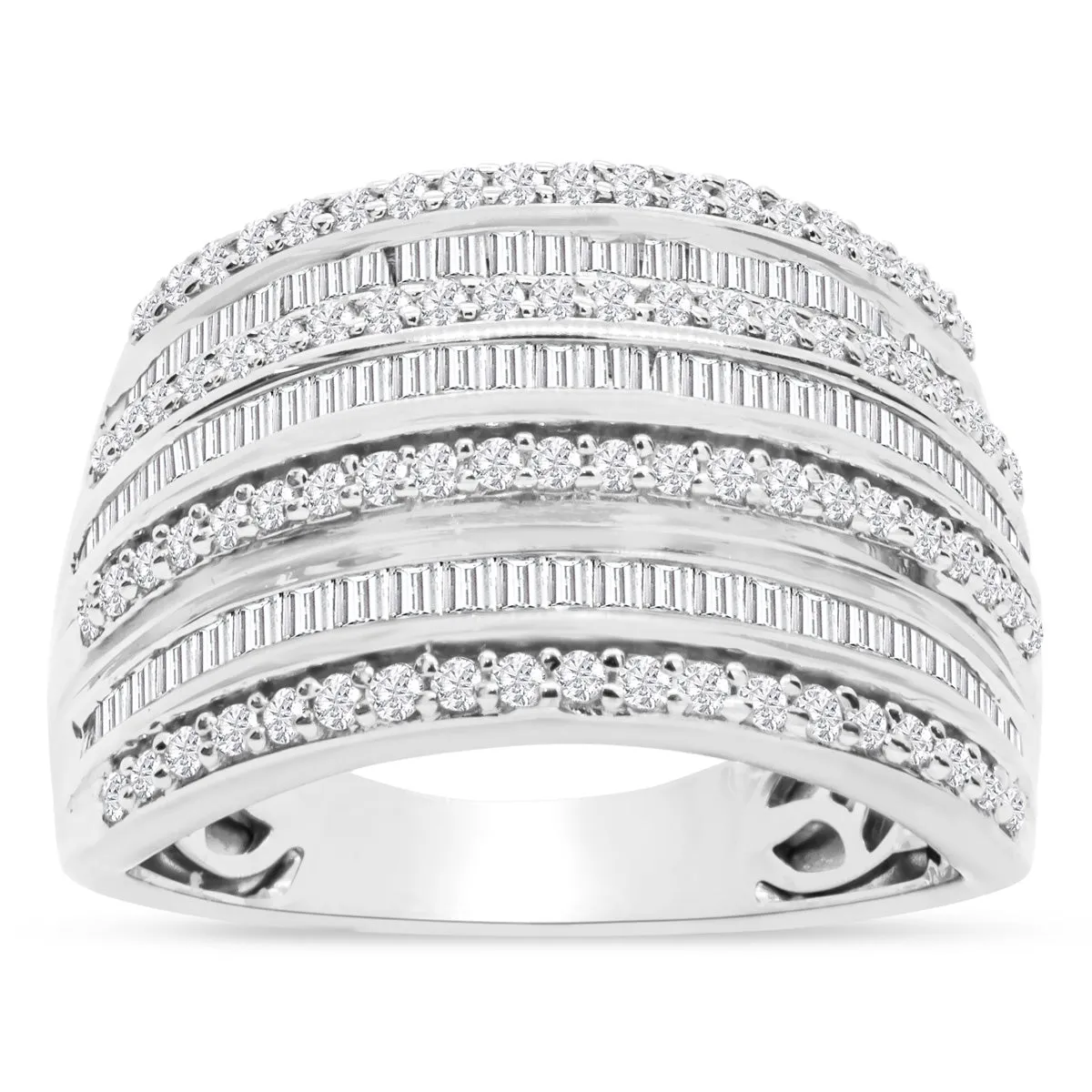 1 Carat Baguette and Round Colorless Diamond Band Ring In Sterling Silver