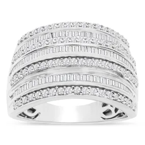 1 Carat Baguette and Round Colorless Diamond Band Ring In Sterling Silver