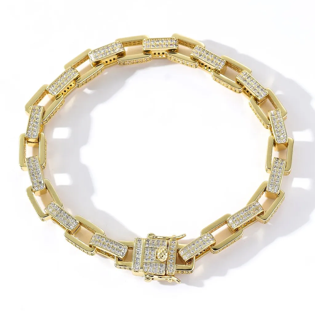 8mm Iced Box Link Bracelet in 14K Gold Plating