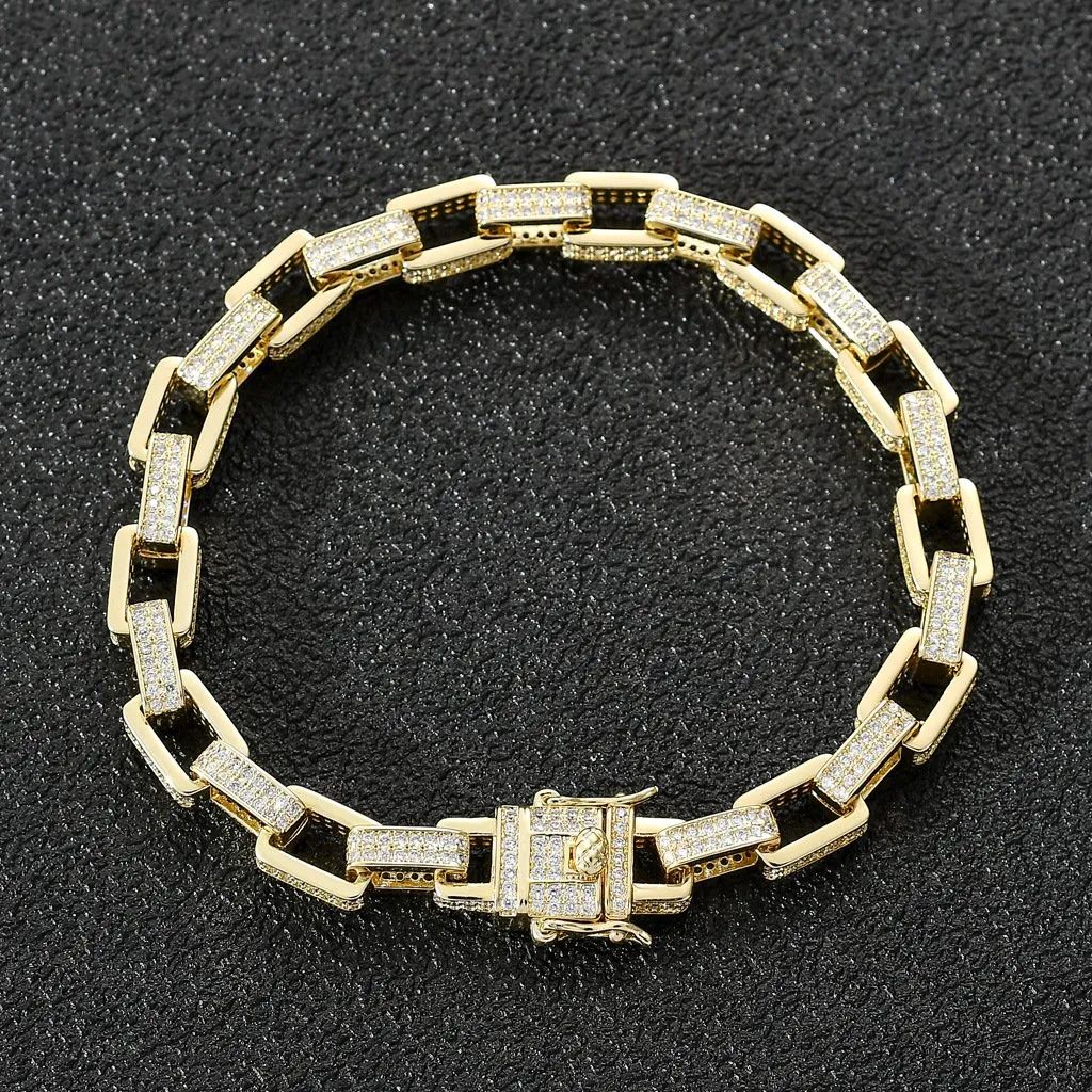 8mm Iced Box Link Bracelet in 14K Gold Plating