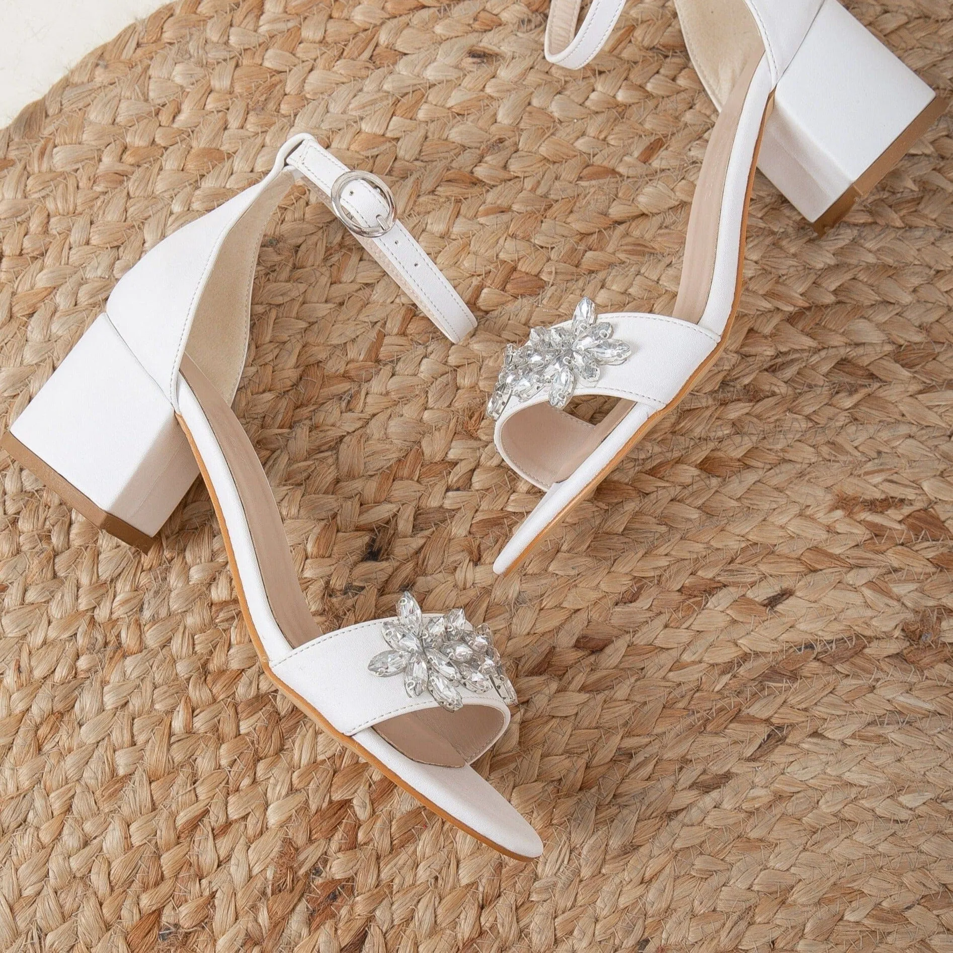 Adeline Vegan Leather Rhinestone Wedding Shoes | White