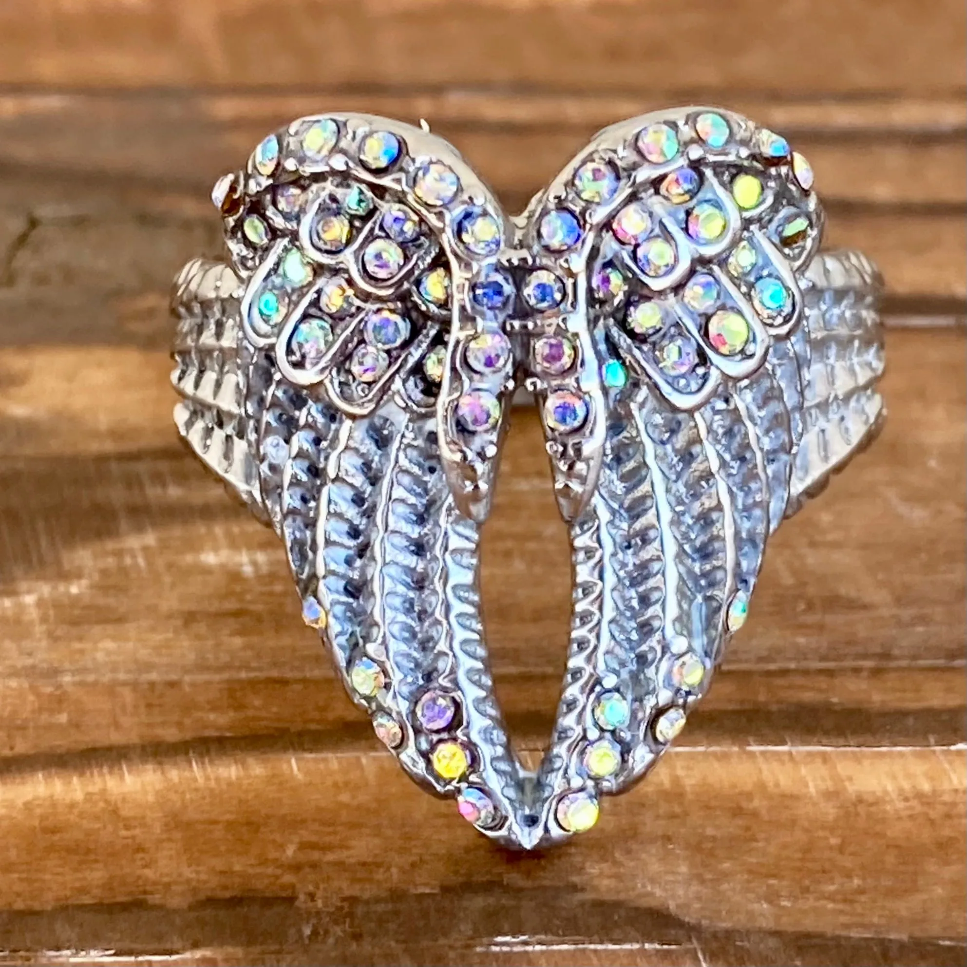 Angel Heart Wing Ring - Rainbow Stone - R249