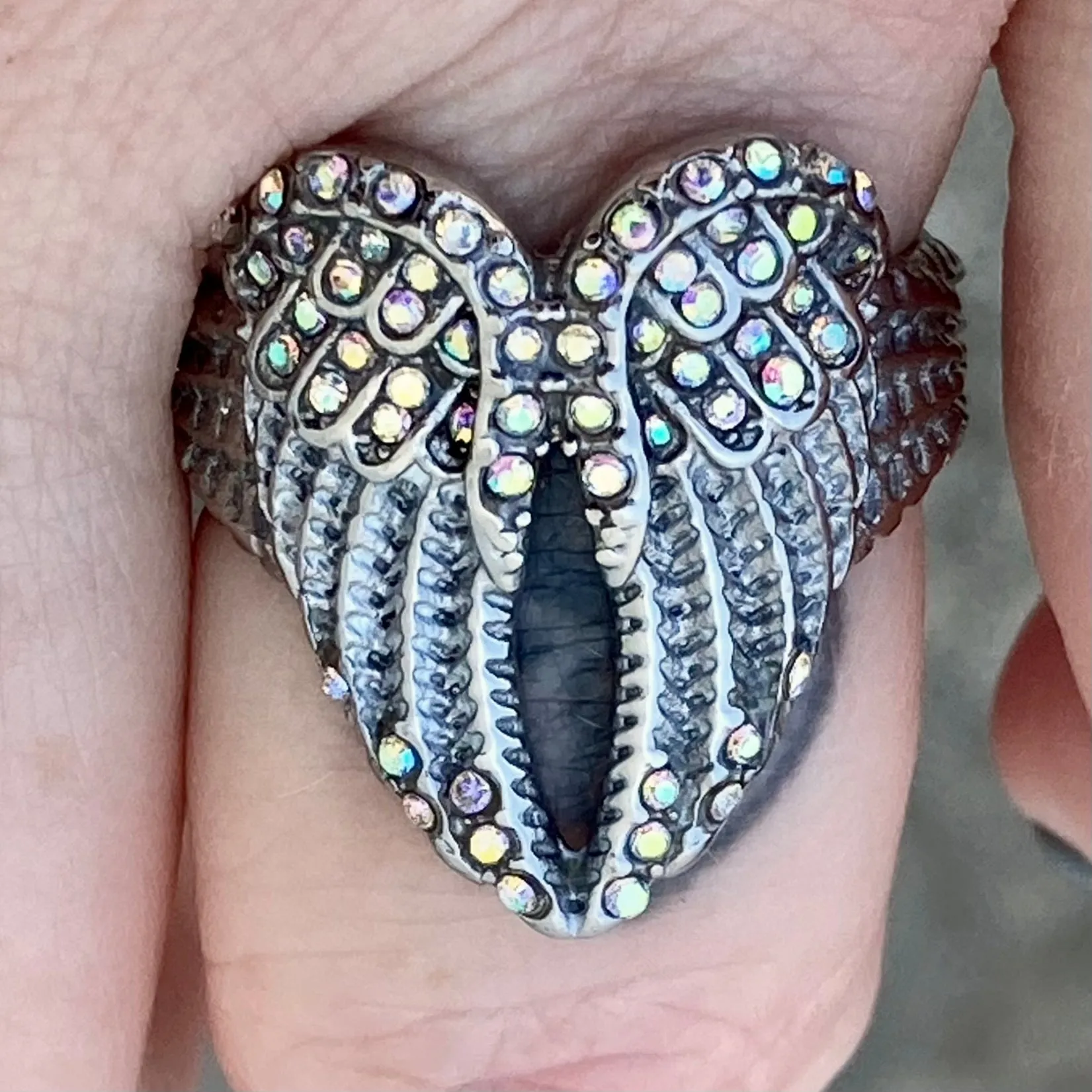 Angel Heart Wing Ring - Rainbow Stone - R249