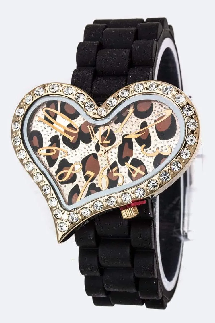 Animal Print Heart Watch Leopard Brown