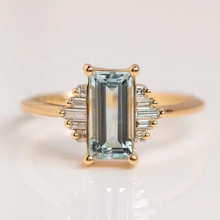 Baguette Cut Aquamarine and Diamond Ring