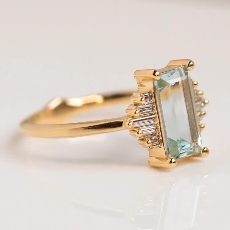 Baguette Cut Aquamarine and Diamond Ring