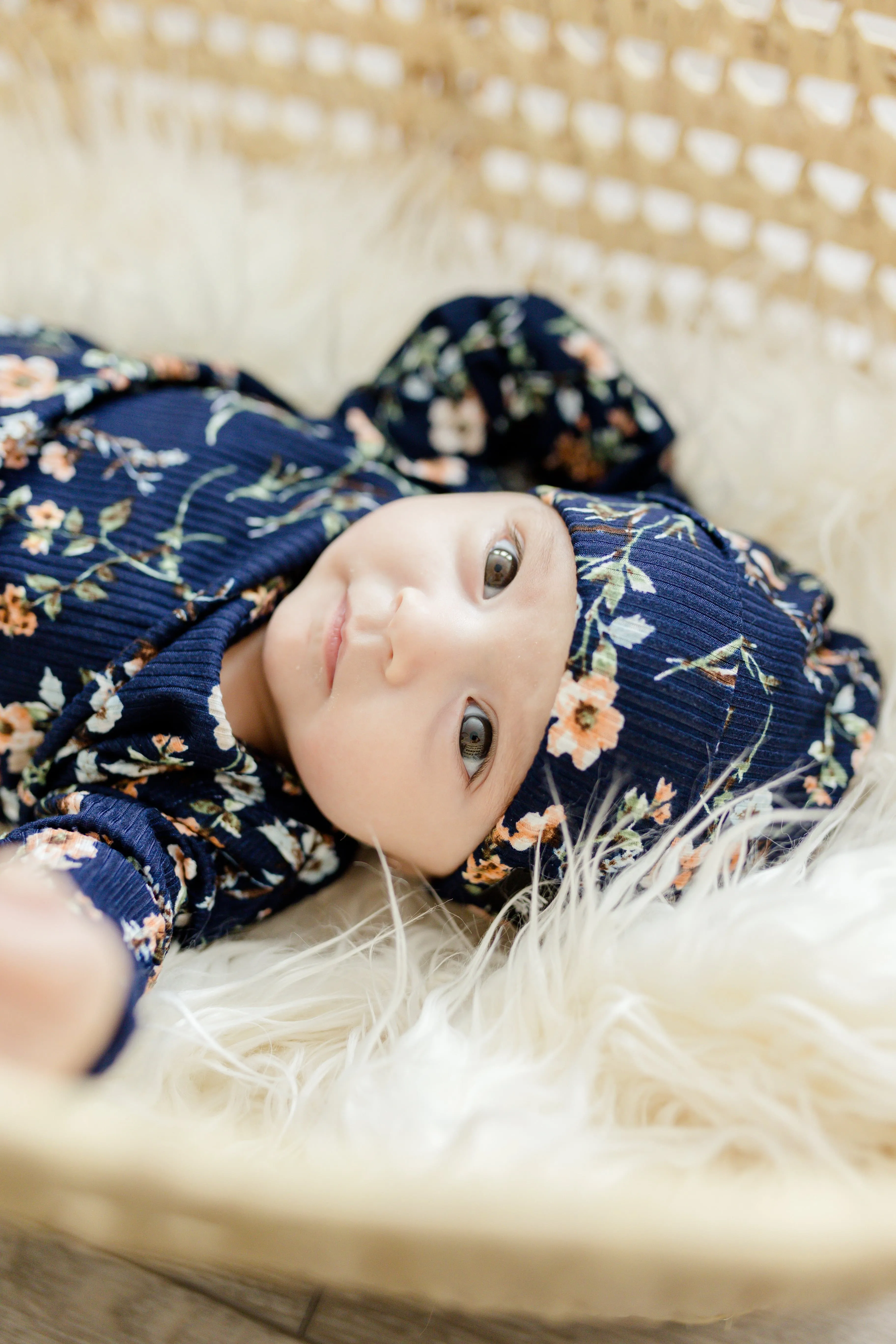 BEANIE- Navy Floral Rib