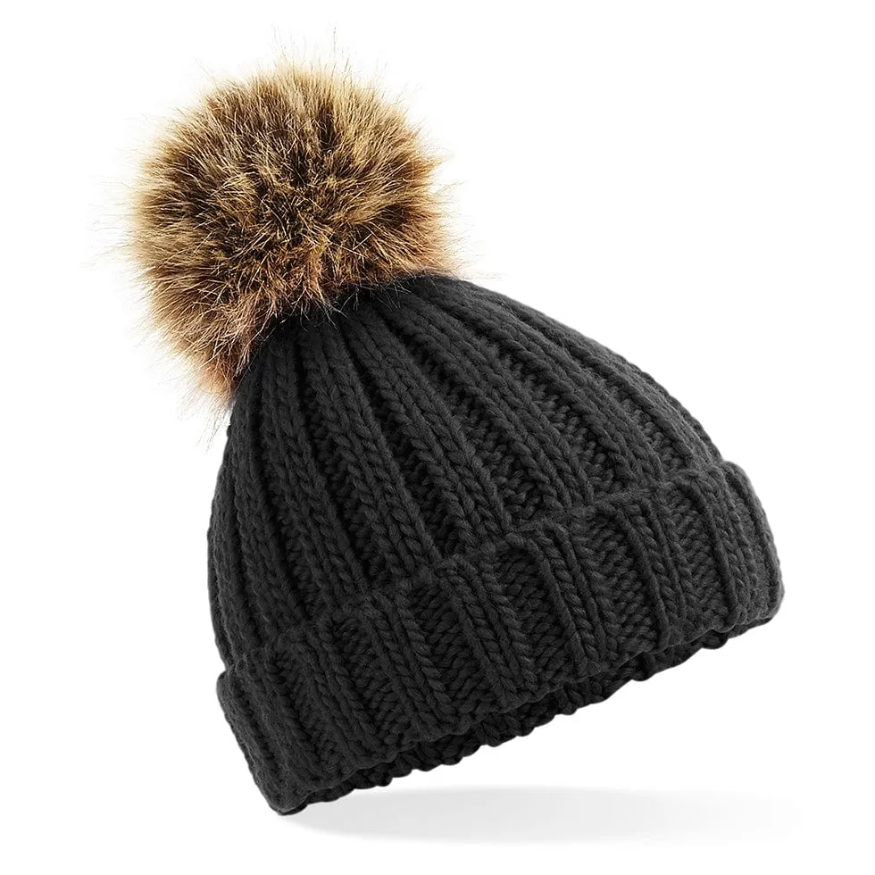 Beechfield Children's Chunky Beanie Hat - Fur Pom Pom