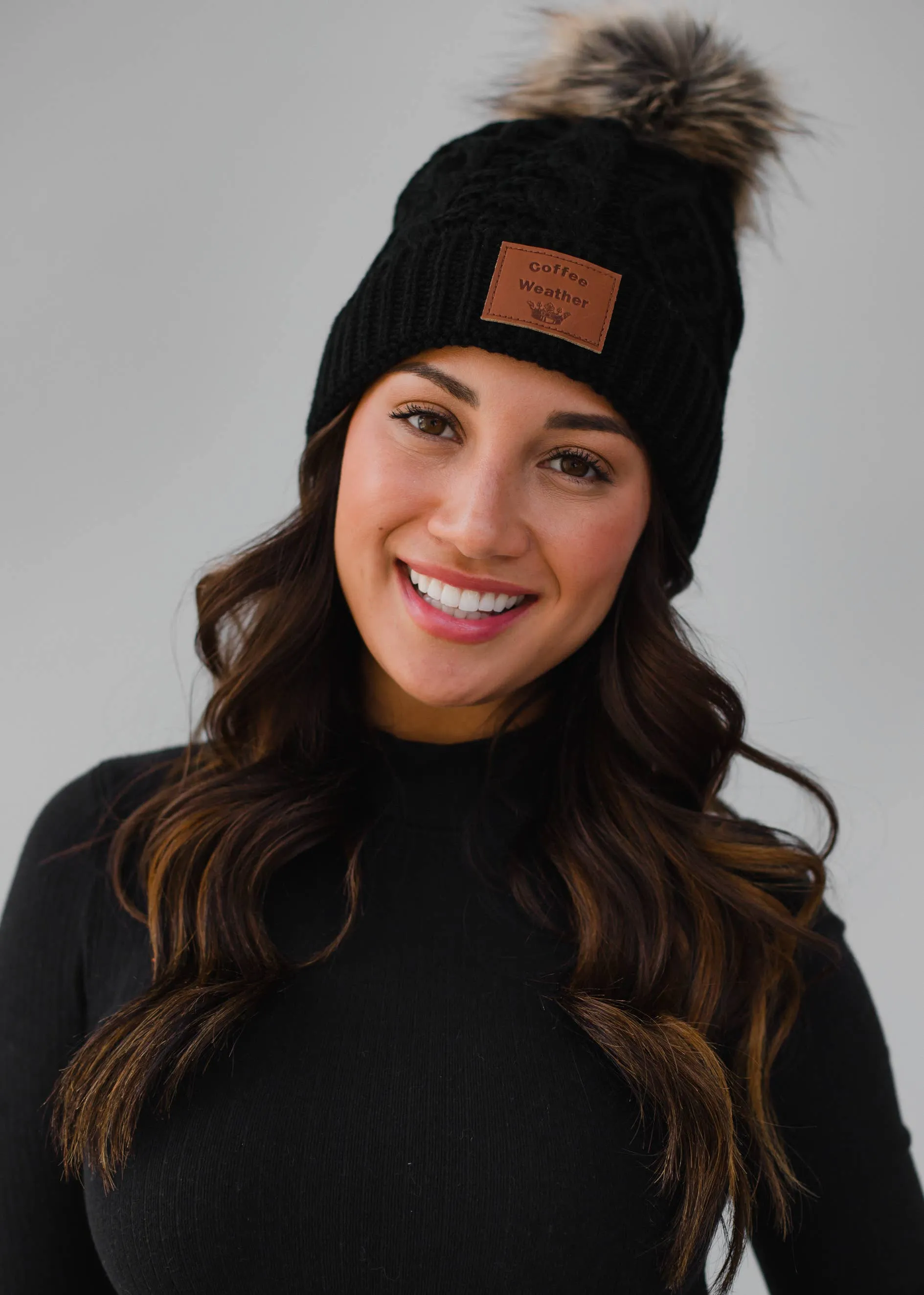 Black Cable Knit Pom Hat w/ Coffee Weather Patch