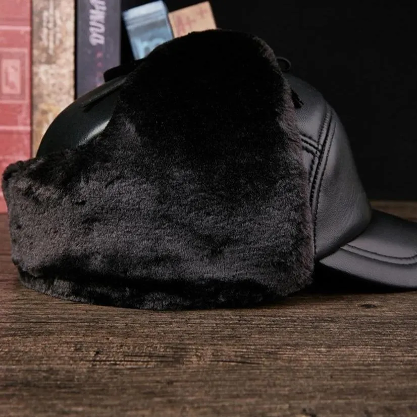 Black Leather Bomber Hat with Earflaps