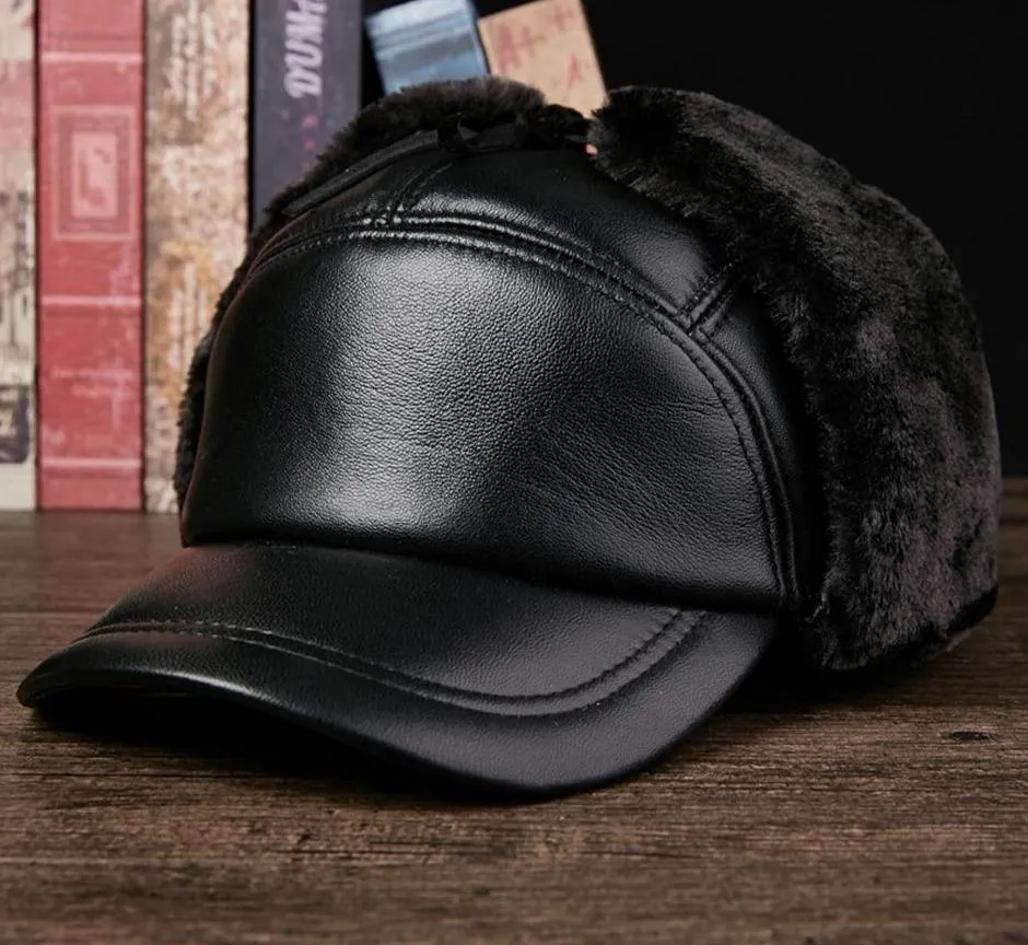 Black Leather Bomber Hat with Earflaps