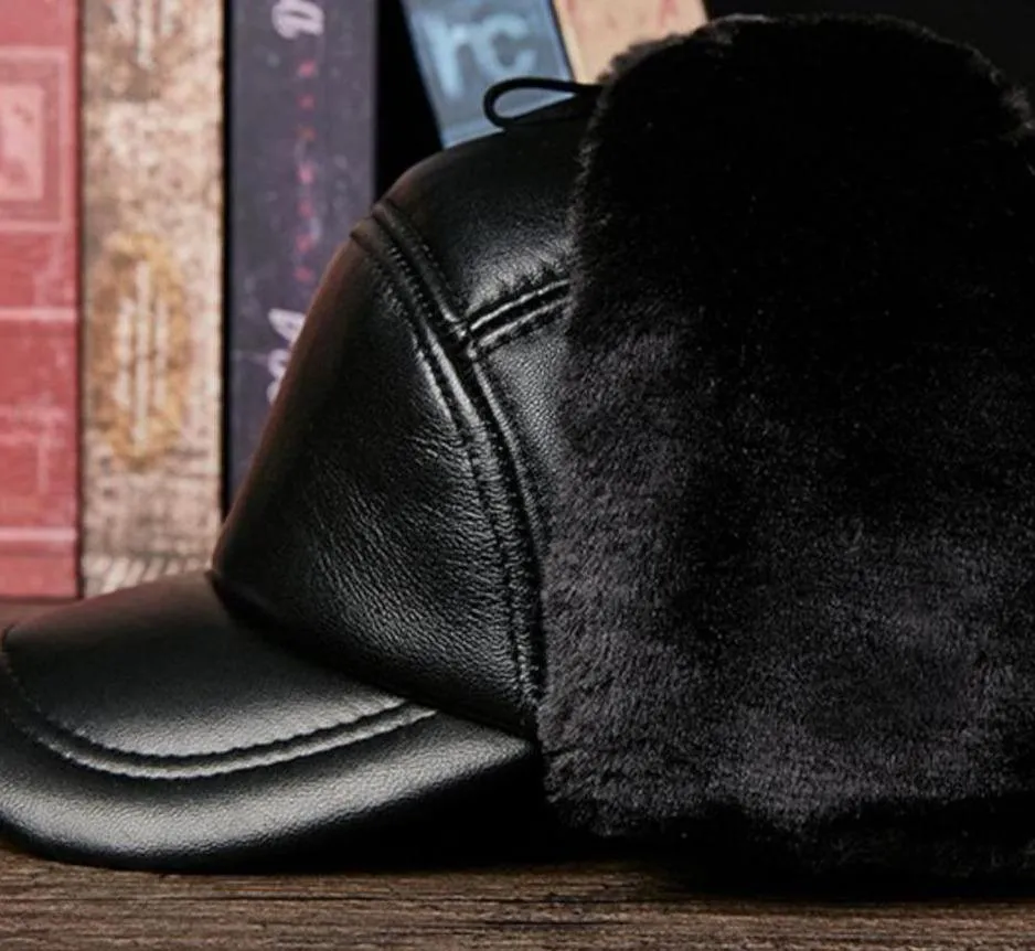 Black Leather Bomber Hat with Earflaps