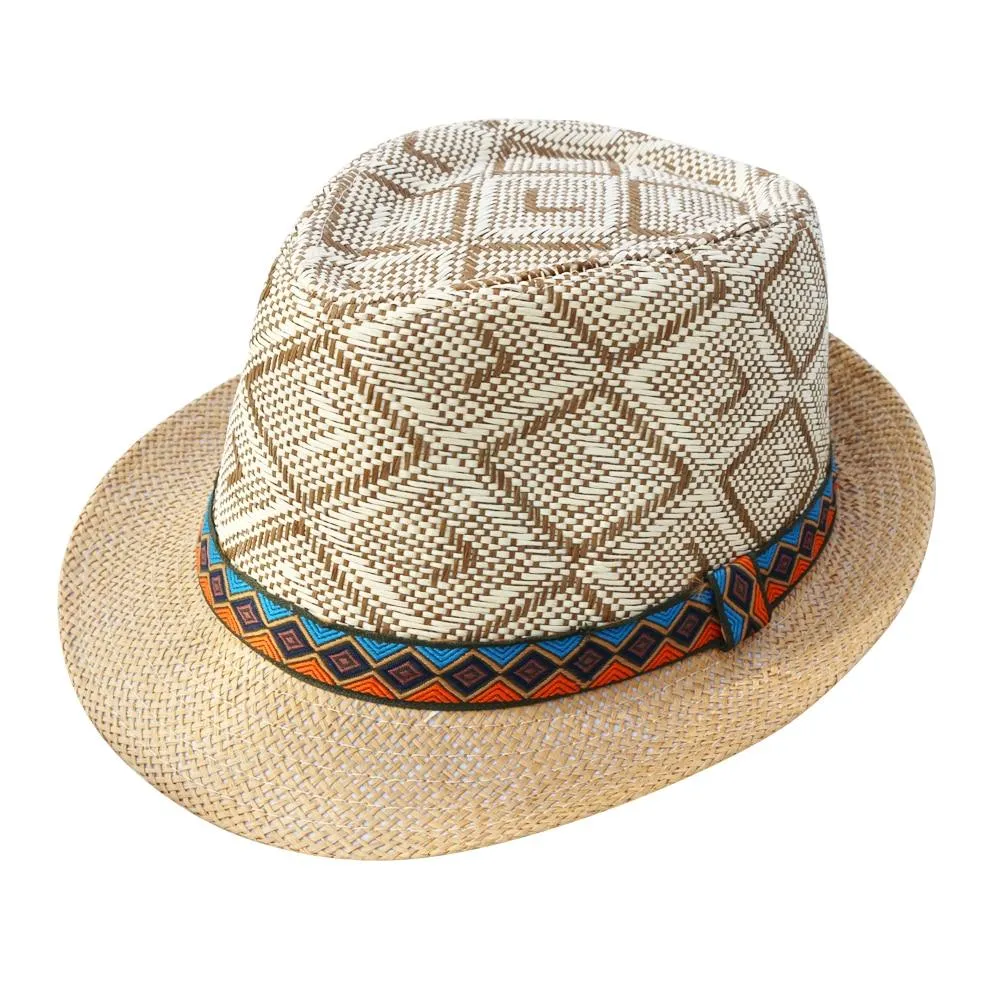 Blue & Orange Belt Straw Panama Hat