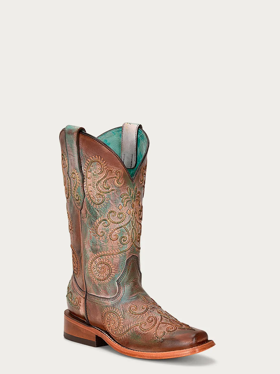 C3917 - WOMEN'S DISTRESSED TURQUOISE AND BROWN EMBROIDERY WITH STUDS SQUARE TOE COWBOY BOOT