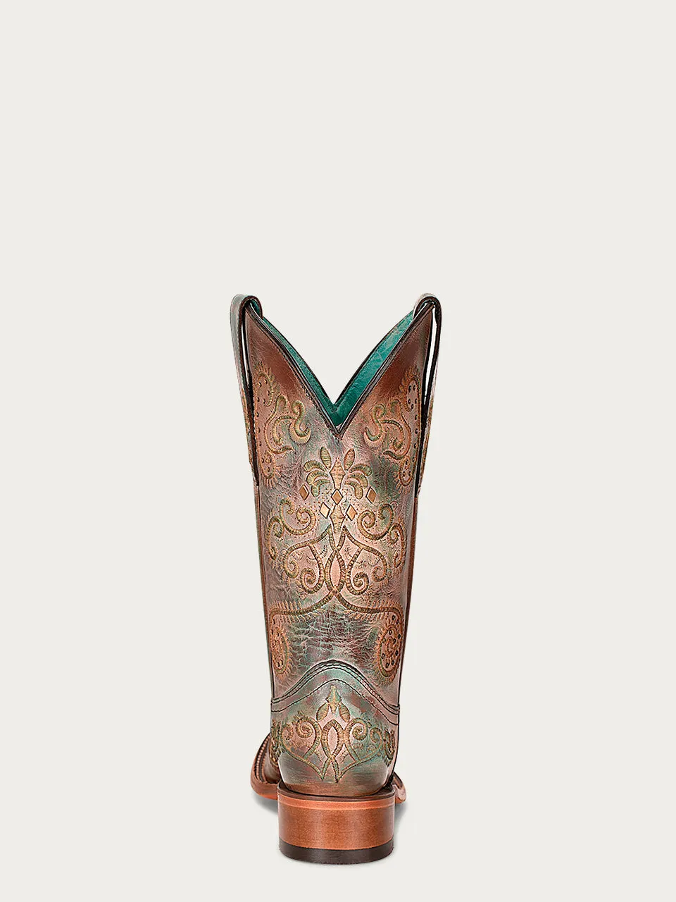 C3917 - WOMEN'S DISTRESSED TURQUOISE AND BROWN EMBROIDERY WITH STUDS SQUARE TOE COWBOY BOOT