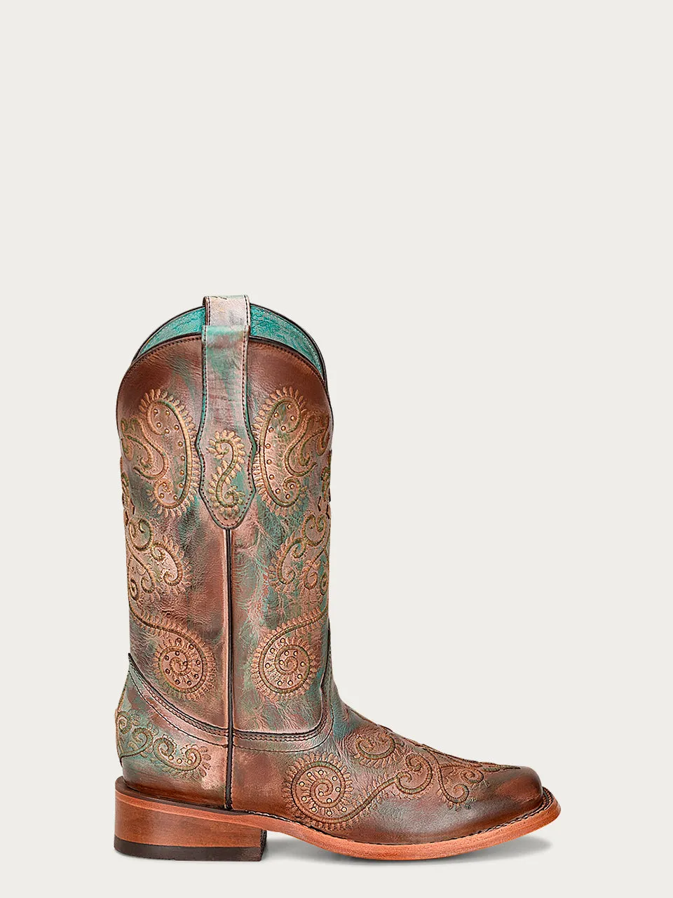 C3917 - WOMEN'S DISTRESSED TURQUOISE AND BROWN EMBROIDERY WITH STUDS SQUARE TOE COWBOY BOOT