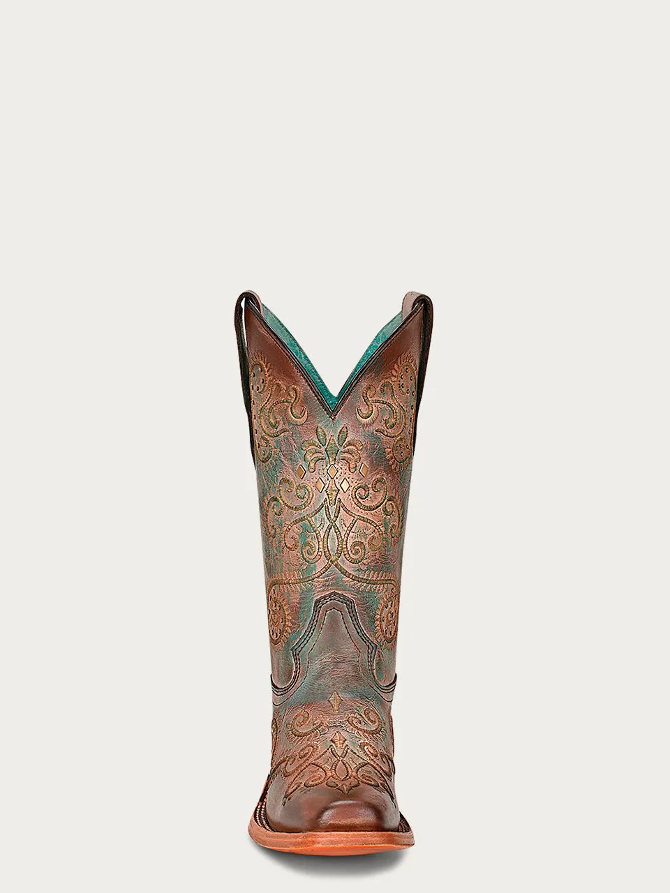 C3917 - WOMEN'S DISTRESSED TURQUOISE AND BROWN EMBROIDERY WITH STUDS SQUARE TOE COWBOY BOOT