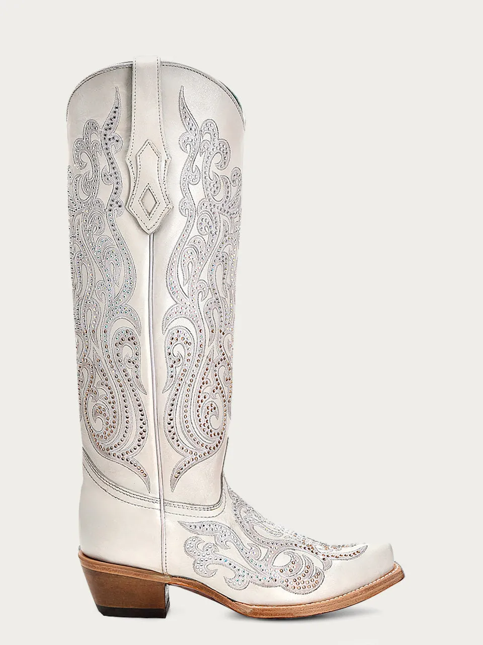 C4099 - WOMEN'S WHITE OVERLAY WITH CRYSTALS TALL TOP SNIP TOE COWBOY BOOT