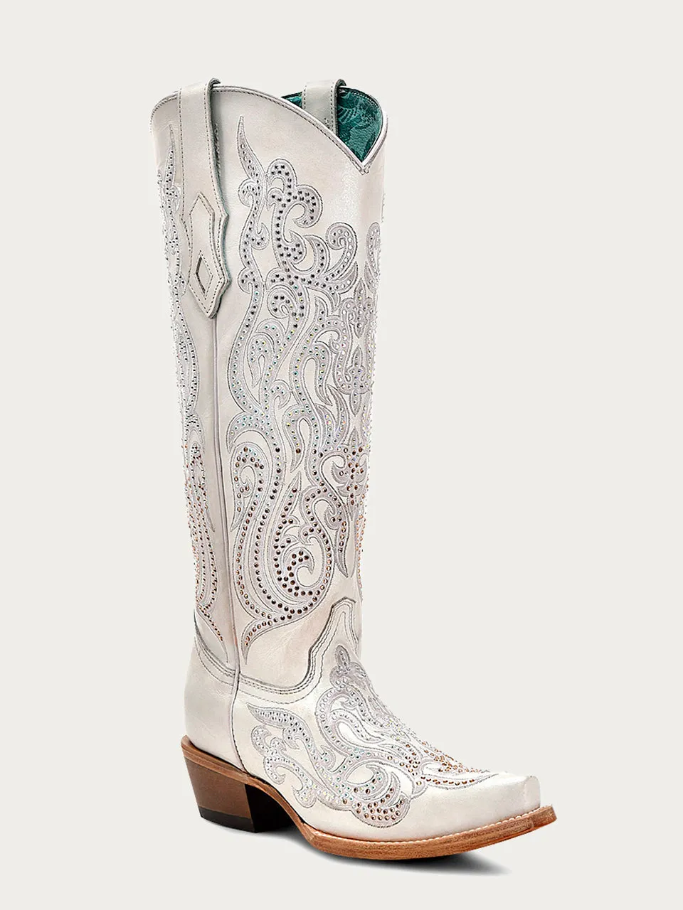 C4099 - WOMEN'S WHITE OVERLAY WITH CRYSTALS TALL TOP SNIP TOE COWBOY BOOT