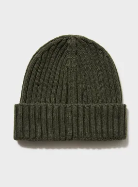 Cashmere  Ribbed Olive Beanie Hat