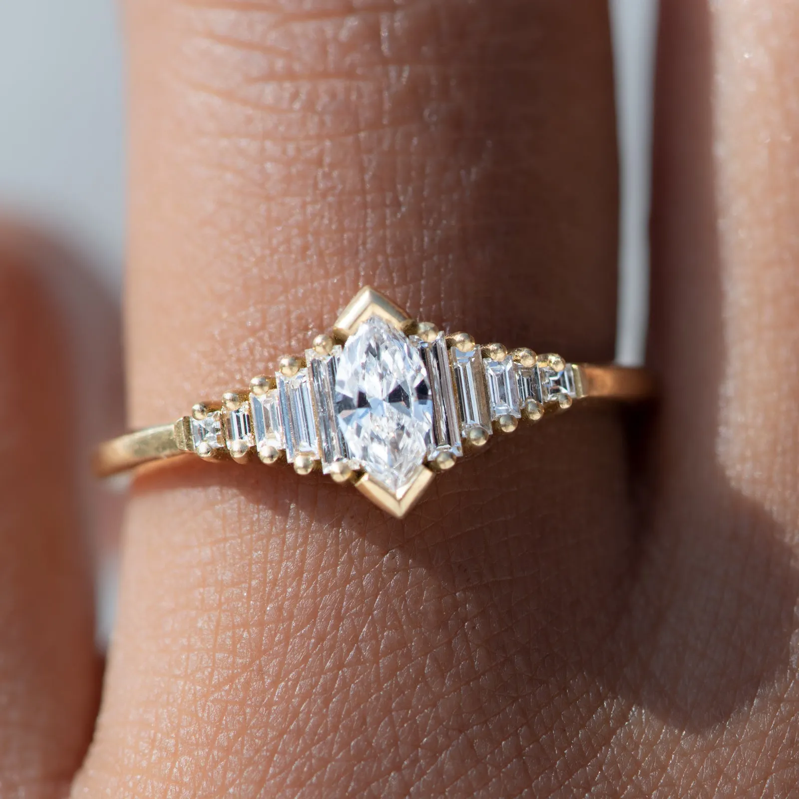 Dainty Deco Engagement Ring with Marquise Diamond