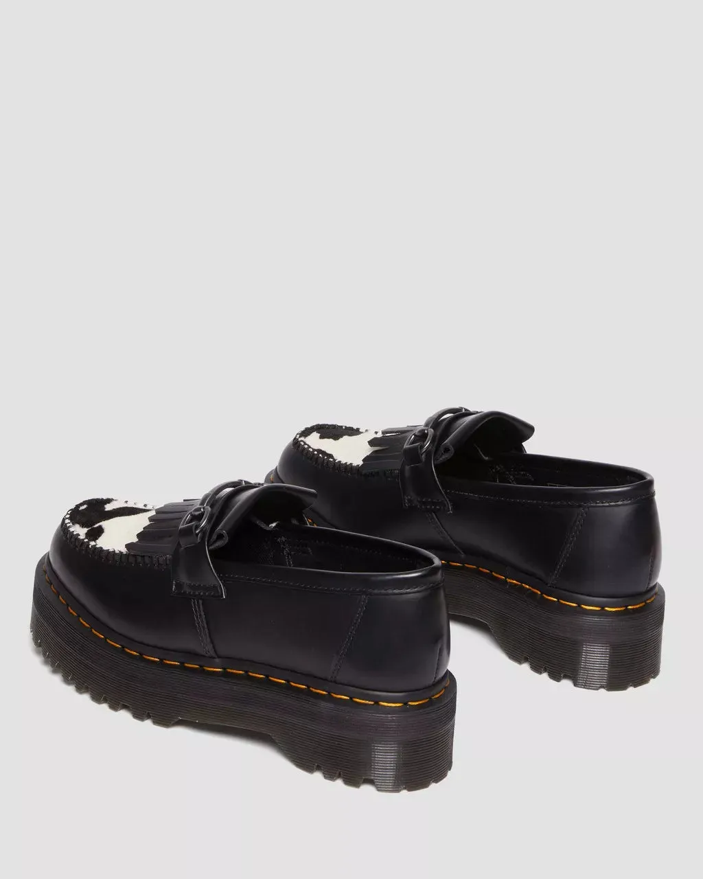 Doc Martens UNISEX ADRIAN SNAFFLE HAIR ON & LEATHER COW PRINT KILTIE LOAFERS (BLACK COW PRINT SMOOTH HAIR ON)