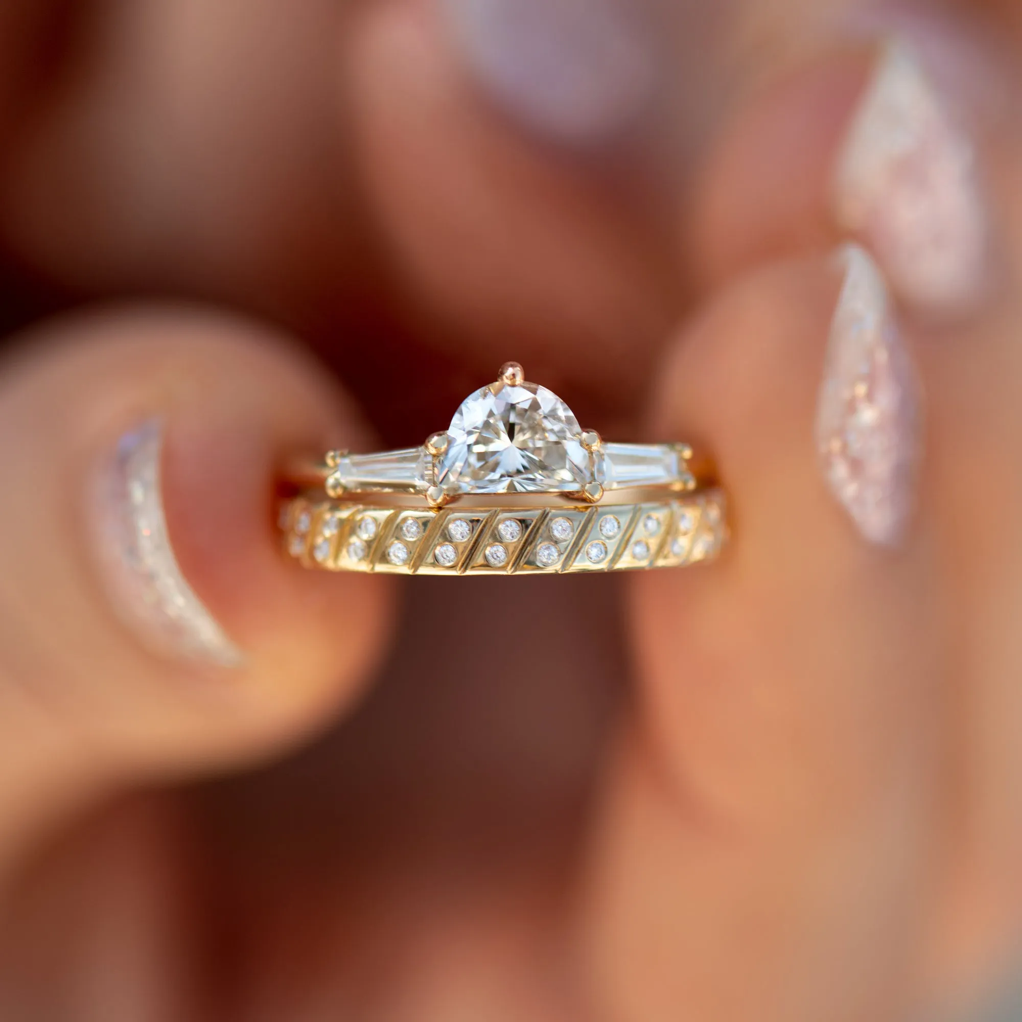 Half Moon Diamond Ring with Tapered Baguette Beams