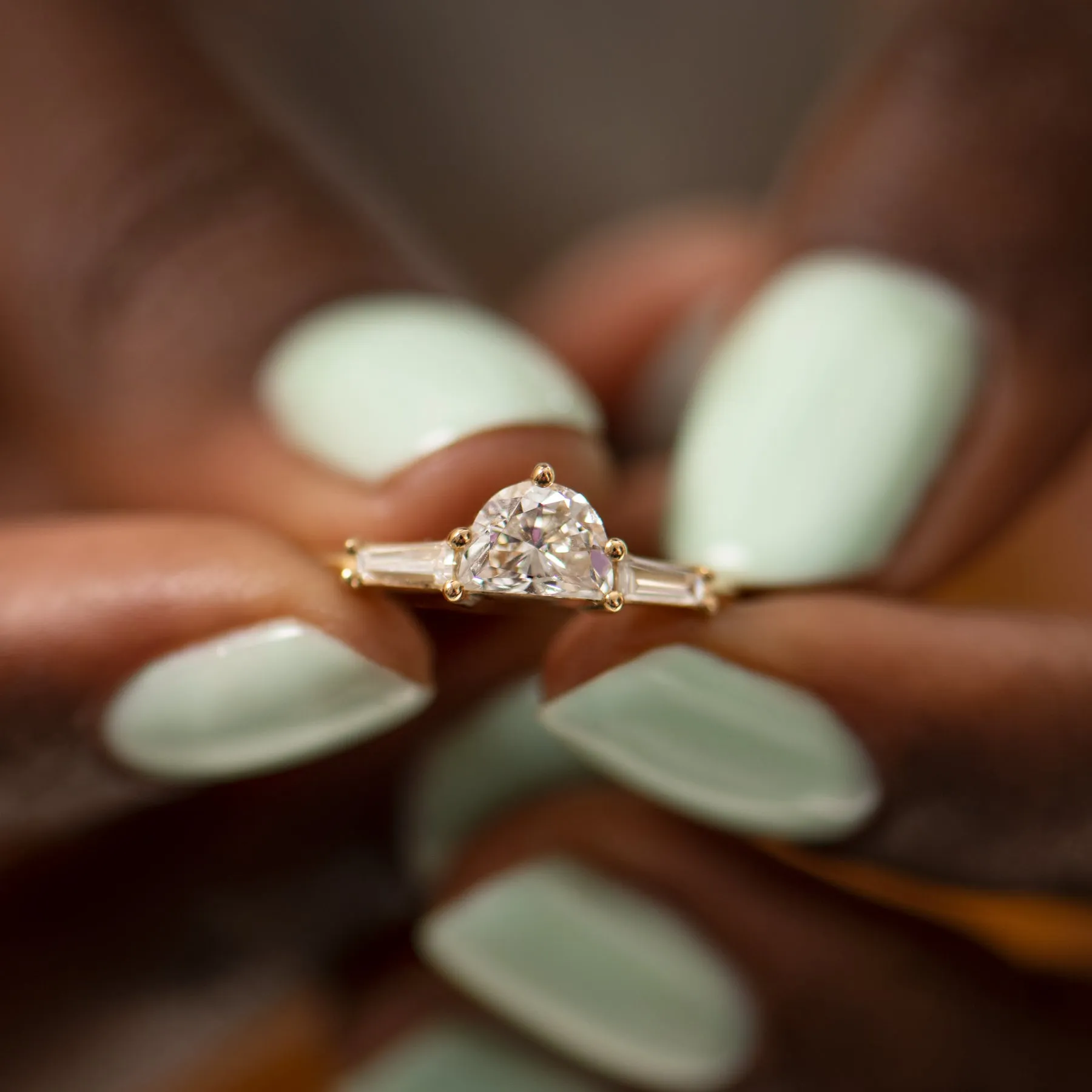 Half Moon Diamond Ring with Tapered Baguette Beams