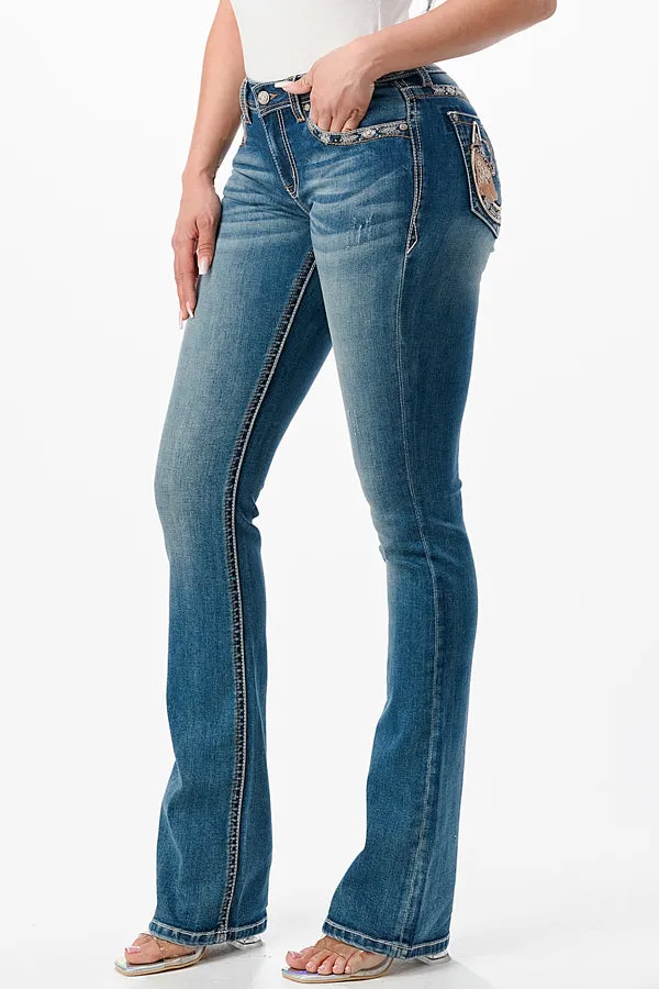 Horse Shoe with Boot Hats Embroidery Mid Rise Bootcut Jeans