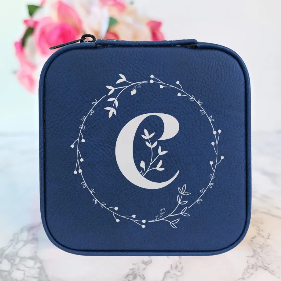 Monogrammed Initial in Floral Circle | Travel Jewelry Box