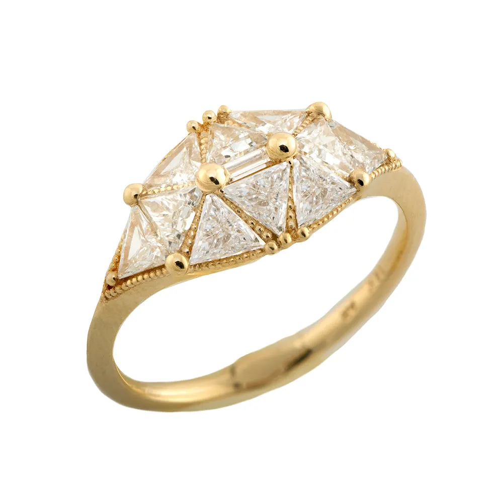 Reflective Dome Ring with Ten Triangle Cut Diamonds