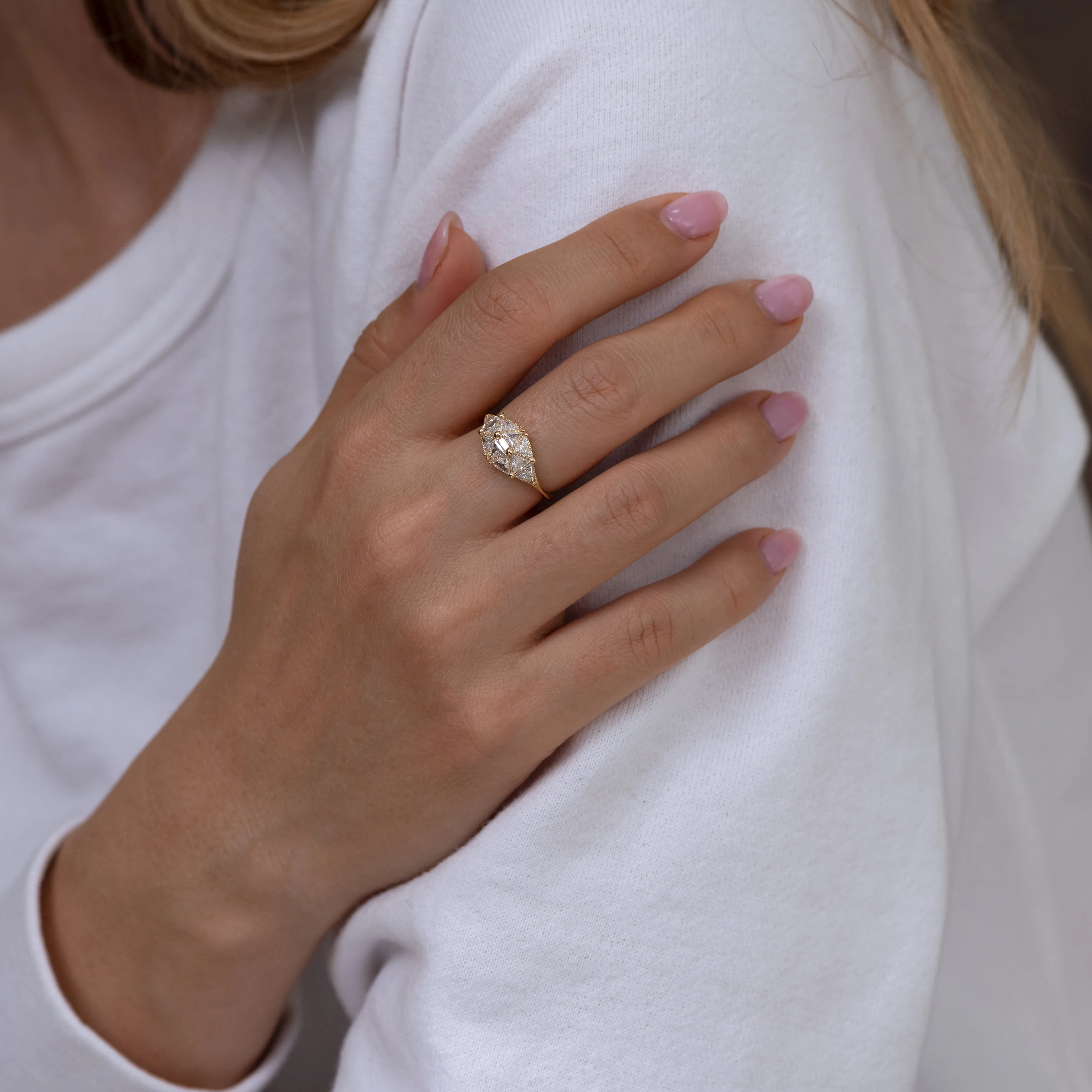 Reflective Dome Ring with Ten Triangle Cut Diamonds