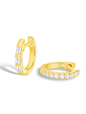 Reversible Baguette and Round Diamond Huggie 14K