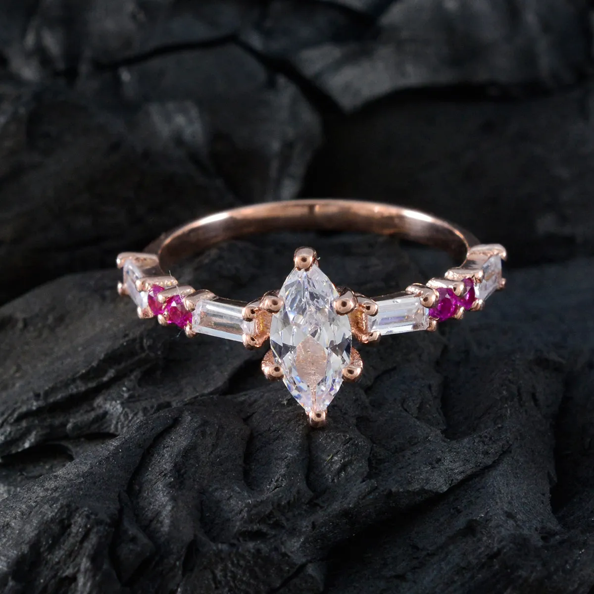 Riyo Dazzling Silver Ring With Rose Gold Plating Ruby CZ Stone Marquise Shape Prong Setting Handmade Jewelry Halloween Ring