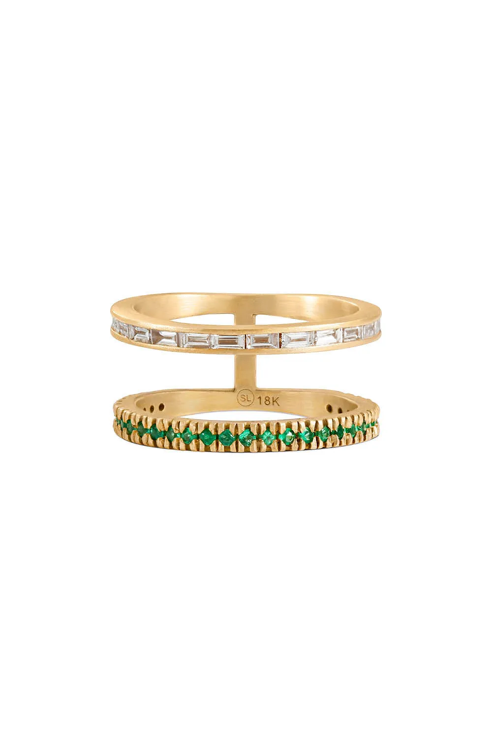 Sandy Leong Emerald and Diamond Baguette Double Bar Ring