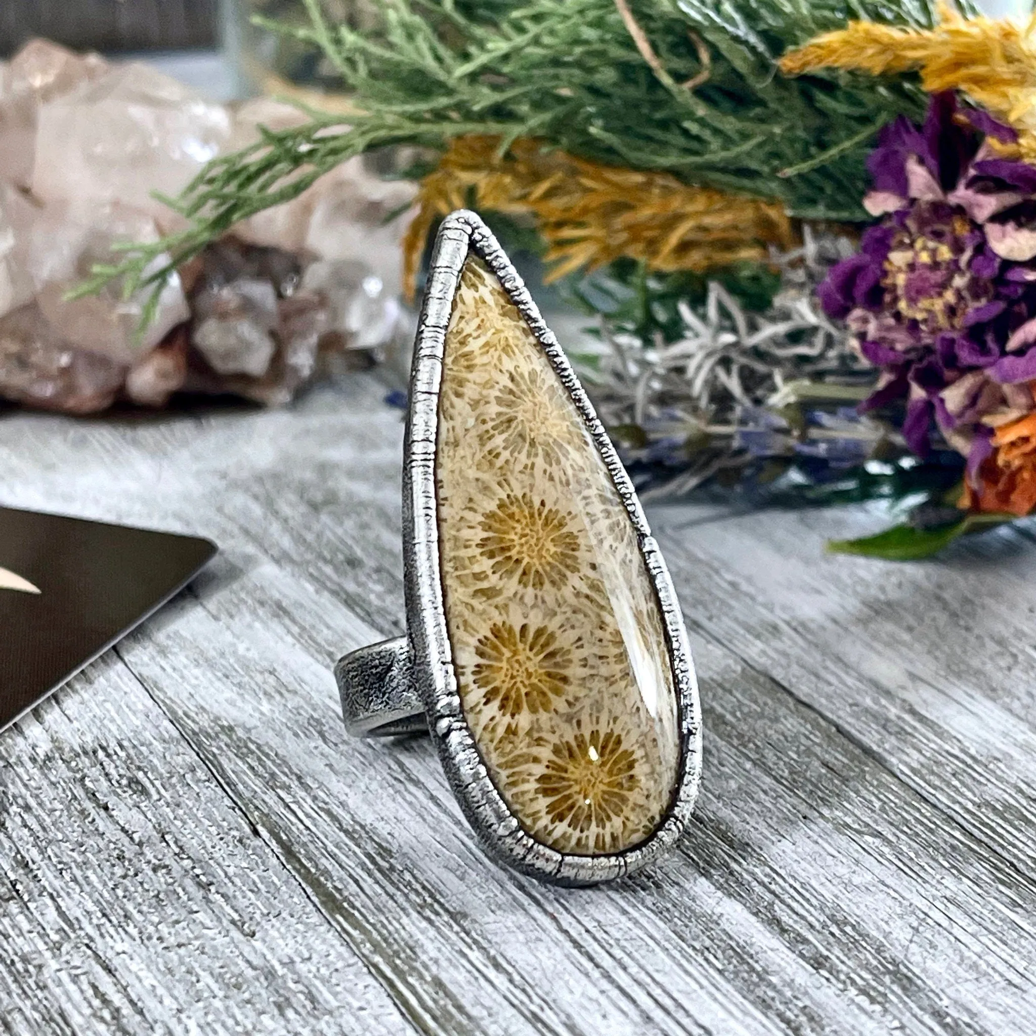 Size 8 Fossilized Coral Silver Statement Ring / Foxlark Collection - One of a Kind