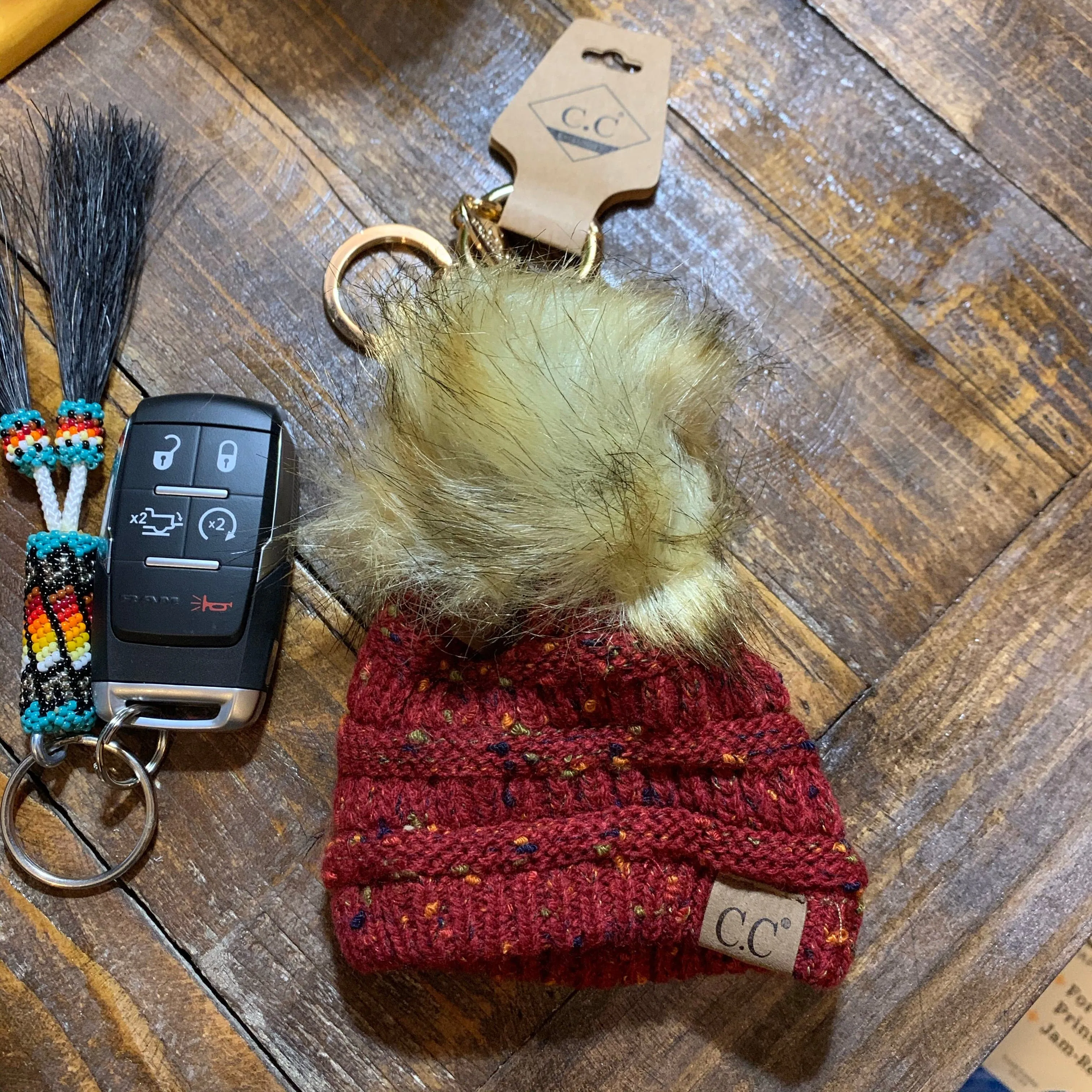 Speckled burgundy CC beanie hat keychain