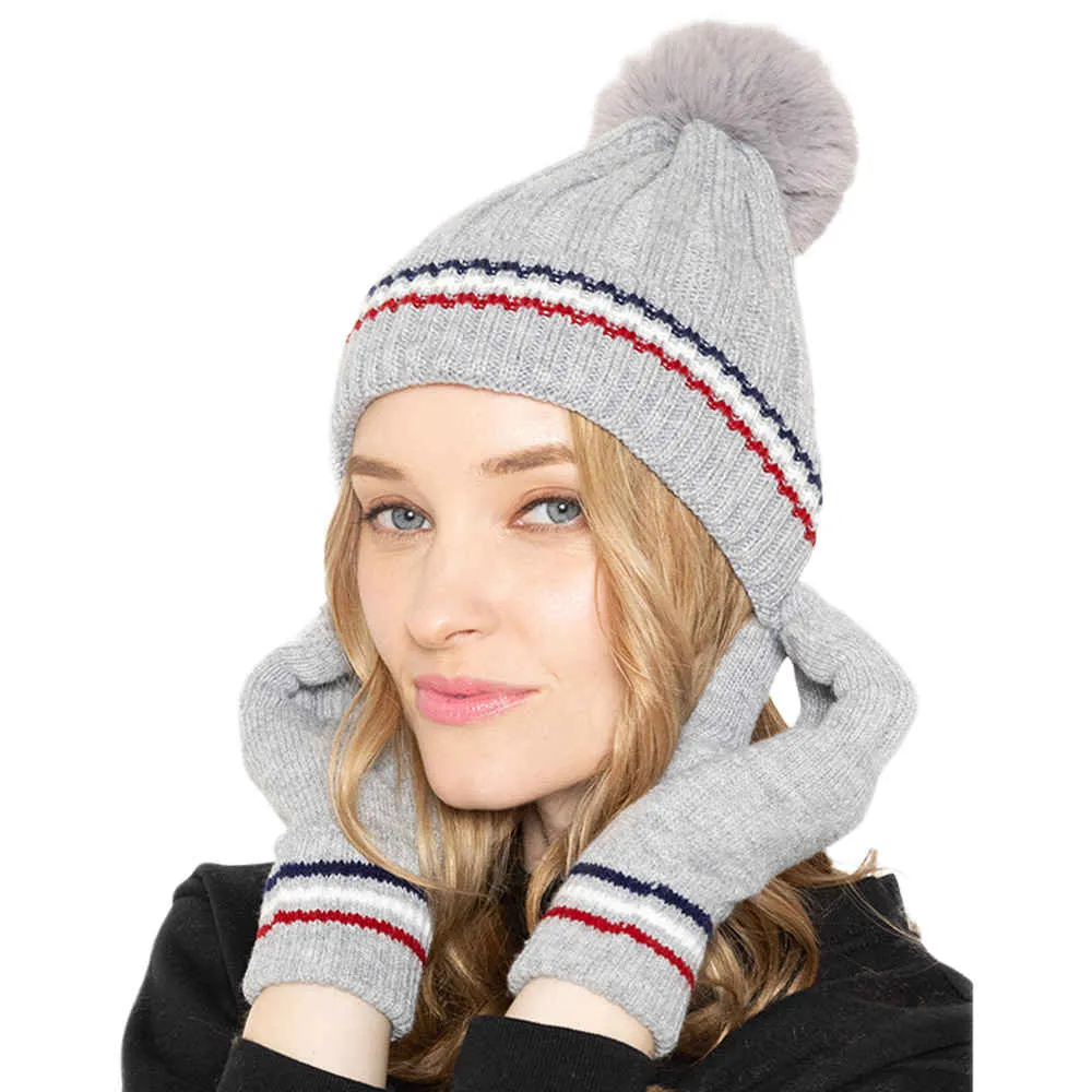 Stripe Pointed Faux Fur Pom Pom Knit Beanie Hat