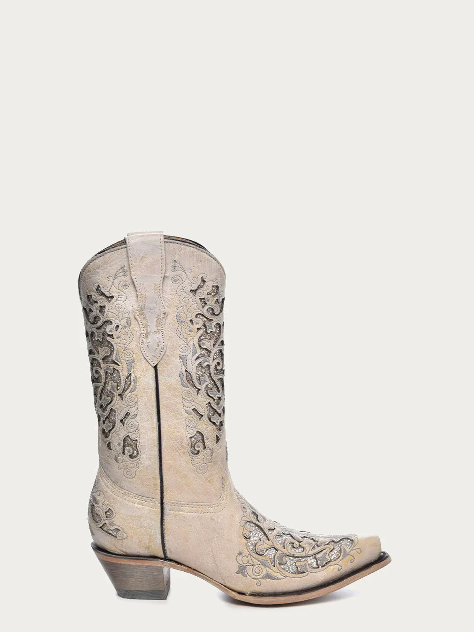 T0021 - TEEN'S WHITE GLITTERED INLAY SNIP TOE COWBOY BOOT