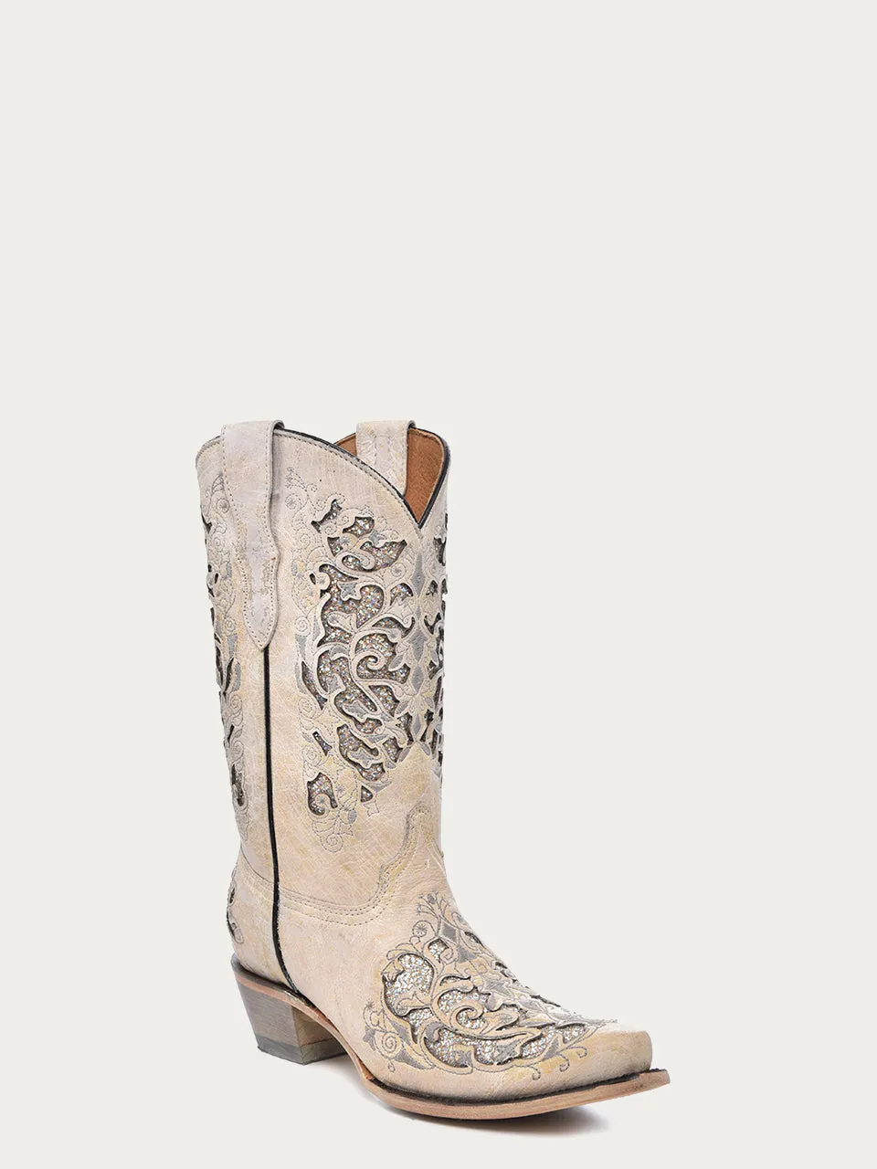 T0021 - TEEN'S WHITE GLITTERED INLAY SNIP TOE COWBOY BOOT