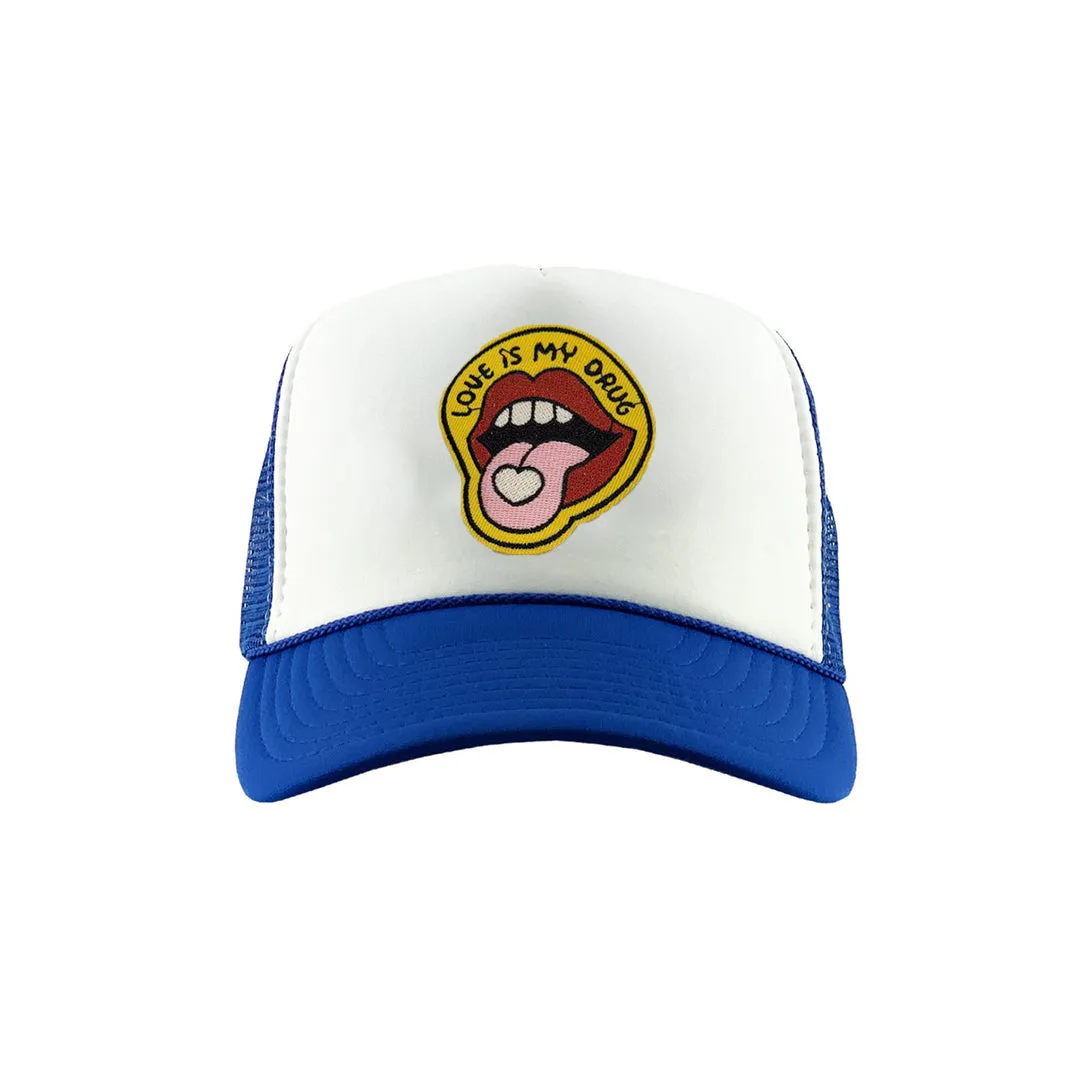 TDNY Love is My Drug Trucker Hat in Blue/White