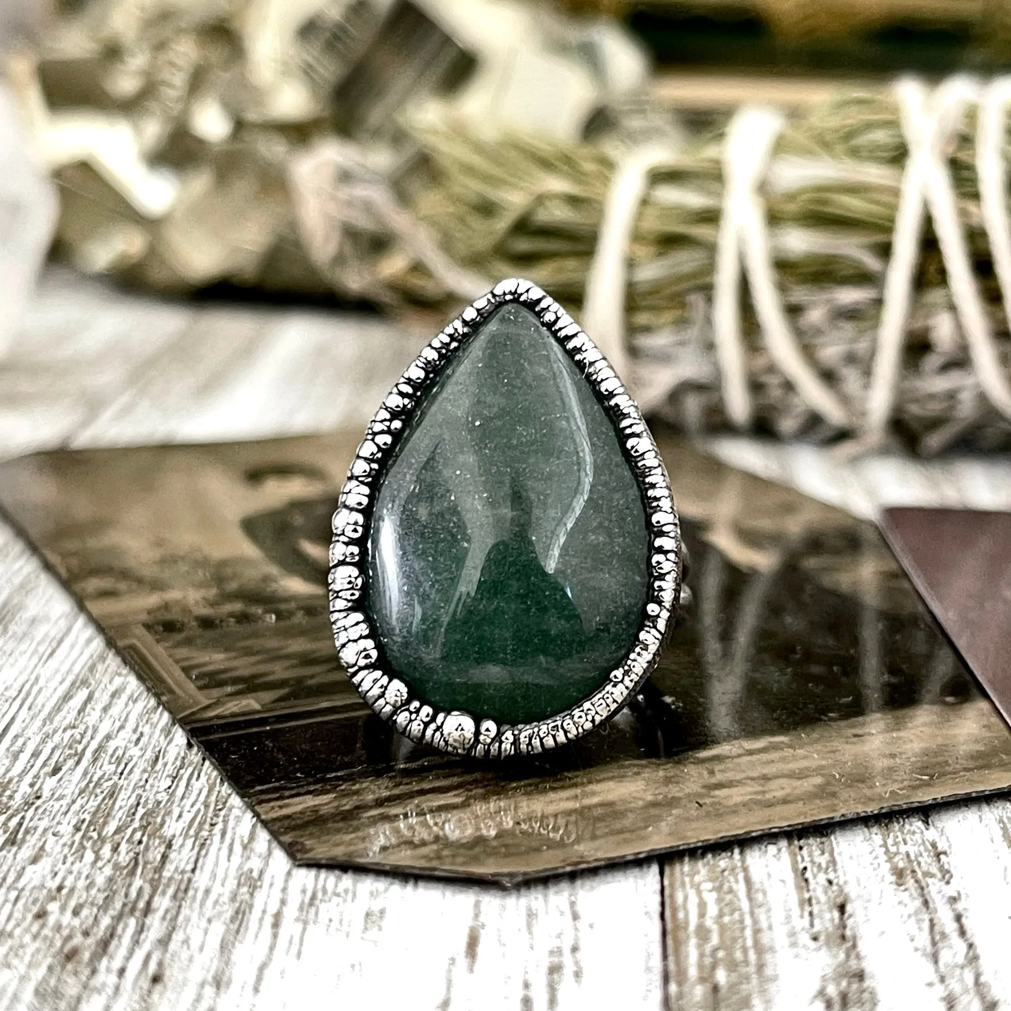 Teardrop Green Aventurine Ring Fine Silver Size 5 6 7 8 9 10 Foxlark Collection /