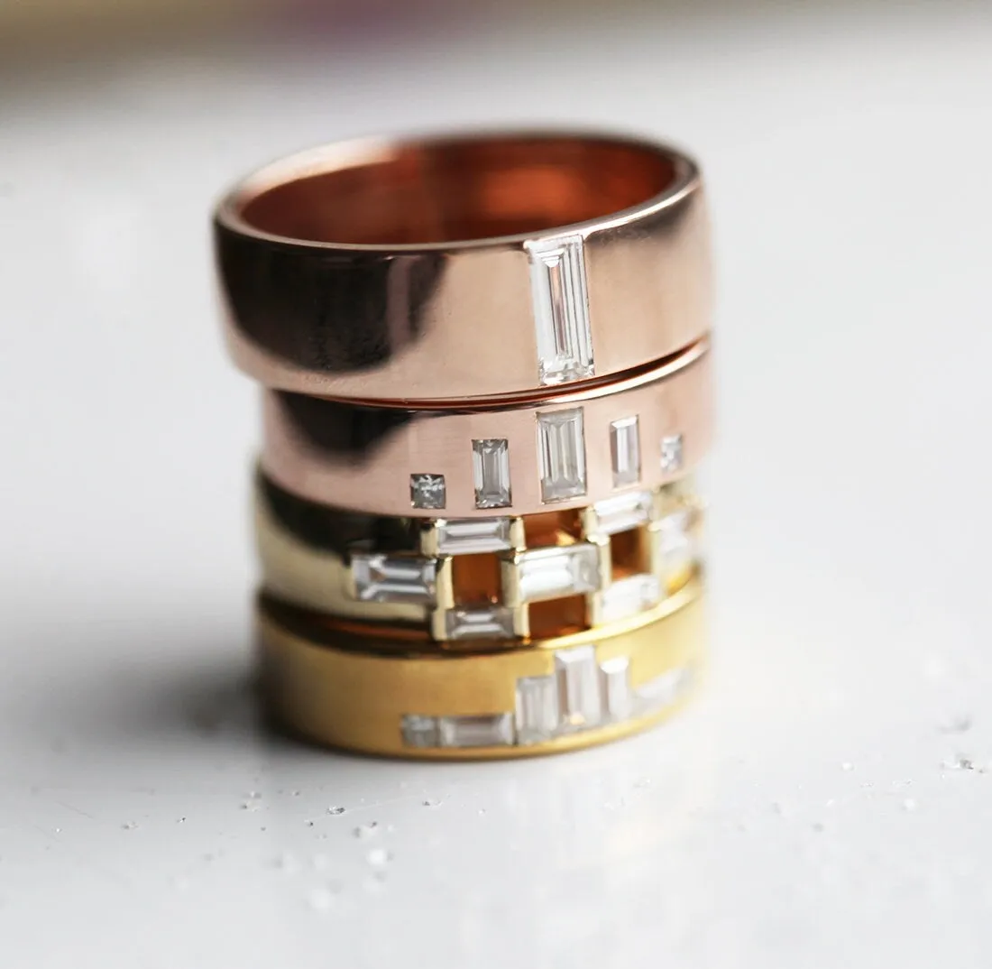 Unique Rose Gold Diamond Wedding Band, Baguette Diamond Wedding Ring