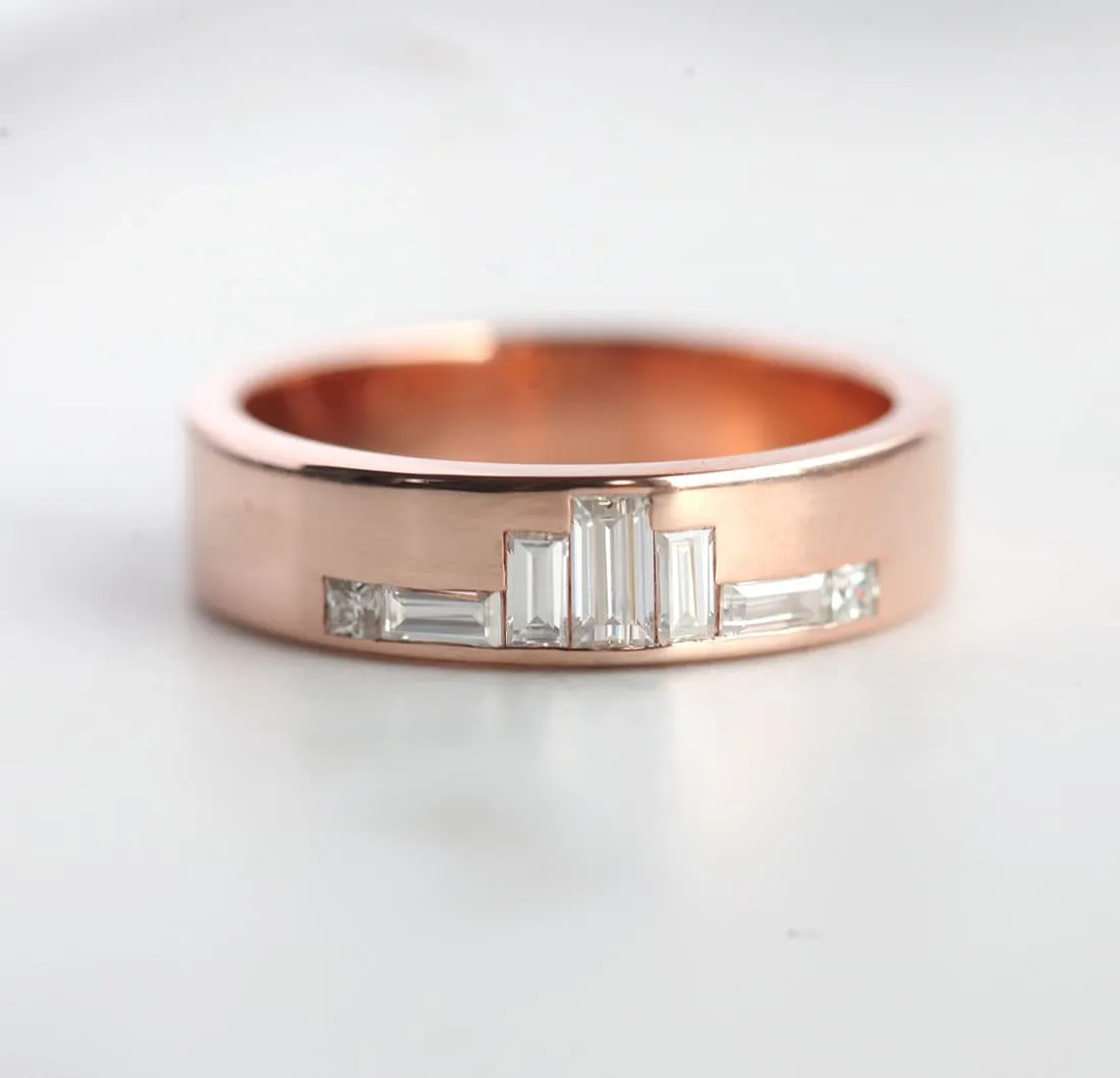 Unique Rose Gold Diamond Wedding Band, Baguette Diamond Wedding Ring