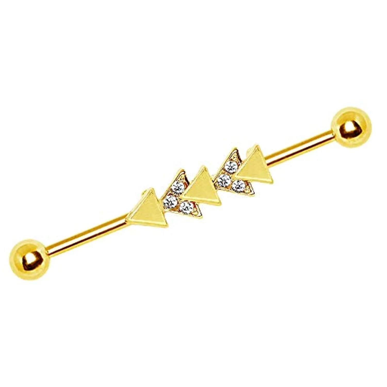 Yellow Gold Plated Jeweled Triangle Industrial Barbell